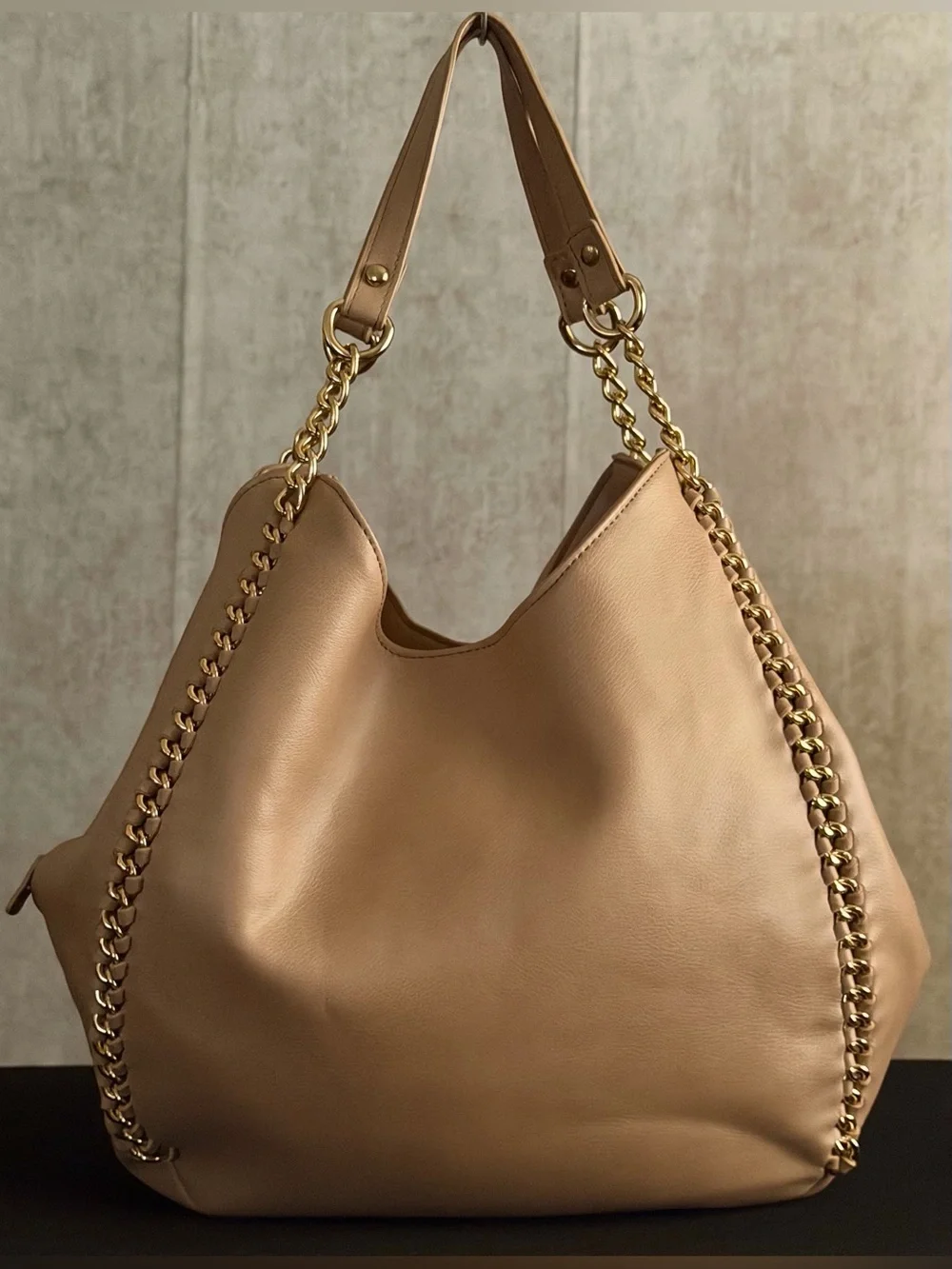 Bebe Colette Triple Entry Beige Hobo Shoulder Bag Gold Chain Accents Purse Tote
